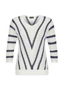 Rundhalspullover GOLDNER "Kurzgr&ouml;&szlig;e Ajourpullover mit Streifenmuster", Damen, Gr. 21, wei&szlig; (wei&szlig;, marine, gemustert), Obermaterial: 50% Baumwolle CO. 50% Polyacryl PAN., gerade, V-Ausschnitt, Pullover Rundhalspullover, modischer Ajourstrick mit Sperrstreifen