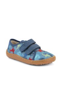 Barfu&szlig;schuh froddo "BAREFOOT CANVAS", M&auml;dchen, Gr. 30, denim jeansblau dinosaurier, Baumwolle, Veloursleder, gemustert, Schuhe Barfu&szlig;schuh, Sneaker, Klettschuh mit Baumwollfutter, Klett-Hausschuh