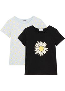 T-Shirt bonprix, M&auml;dchen, Gr. 164/170, blau (puderblau, schwarz gebl&uuml;mt), Obermaterial: 100% Baumwolle, regular fit, Shirts T-Shirt, Regular Fit, Kurzarm, f&uuml;r warme Tage, aus Baumwolle, Casual Stil
