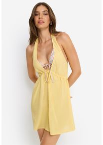 Neckholderkleid LSCN BY LASCANA, Damen, Gr. 40, N-Gr, pastel gelb, Web, Obermaterial: 58% Viskose, 28% Baumwolle, 14% Leinen, unifarben, figurumspielend mini, tiefer V-Ausschnitt, Kleider Neckholderkleid