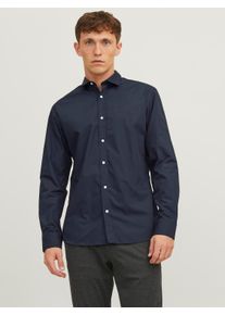 Jack & Jones Langarmhemd JACK & JONES "JJJOE SHIRT LS PLAIN", Herren, Gr. XXL, N-Gr, blau (navy blazer), Web, Obermaterial: 65% Polyester, 35% Baumwolle, unifarben, slim fit normal, ohne Ausschnitt, &Auml;rmel mit &Auml;rmelschlitz 2-Knopf-Manschette, Hemden Langarmhemd, Materialmix, slim fit