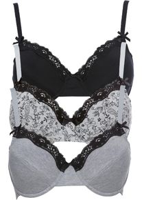 B&uuml;gel-BH bonprix "BH mit B&uuml;gel mit Baumwolle (3er Pack)", Damen, Gr. 85, Cup D, schwarz (schwarz, hellgrau meliert gebl&uuml;mt, schwarz, hellgrau meliert), Obermaterial: 95% Baumwolle, 5% Elasthan. Futter: 100% Baumwolle. Spitze: 90% Polyamid, 10% Elasthan, BHs B&uuml;gel-BH, mit B&uuml;gel, mit Haken- und &Ouml;senverschluss, aus Baumwolle
