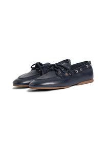 Bootsschuh Tommy Hilfiger "TH SLEEK LEATHER BOAT SHOE", Damen, Gr. 36, Leder Textil, blau (dunkelblau), Nappaleder, unifarben, Schuhe Bootsschuh, Bootsschuh, Businessschuh mit Blockabsatz und &Ouml;sen mit Durchzug