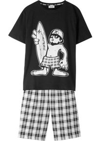Shorty bonprix, Jungen, Gr. 164/170, schwarz (schwarz, wei&szlig;), Obermaterial: 100% Baumwolle, bedruckt, Basic normal, Rundhals, Homewear-Sets Shorty, lockere Passform, aus Baumwolle