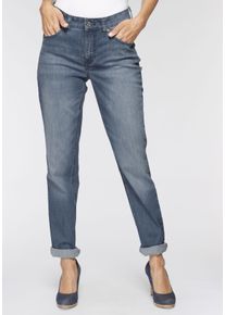 Stretch-Jeans MAC "Melanie", Damen, Gr. 38, L&auml;nge 32, blau (mid blau main wash), Denim/Jeans, Obermaterial: 92% Baumwolle, 6% Polyester, 2% Elasthan, Abriebeffekte, figurbetont lang, Jeans Stretch-Jeans, Gerade geschnitten