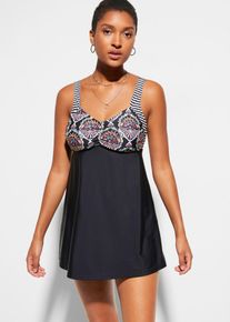 Tankini bonprix "Long-Tankini (2-tlg. Set) mit Highwaist-Bikinihose", Damen, Gr. 56, N-Gr, schwarz (schwarz graphisch), Obermaterial: 80% Polyamid, 20% Elasthan. Futter: 100% Polyester, bedruckt, unifarben mit Farbeins&auml;tzen, Bikini-Sets Tankini, sportlicher Stil, bequeme Passform, mit attraktivem Druck