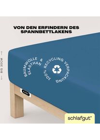 Spannbettlaken Schlafgut "EASY JERSEY ELASTHAN Bettlaken, 170 g/m&sup2;, 95% Baumwolle, 5% Elasthan", blau (blau mid), 1 Stk., Jersey, 90-100x200-220 30cm, Jersey, Obermaterial: 95% Baumwolle, 5% Elasthan, Bettlaken, Spannbettlaken, Spannbettlaken bis 30 cm H&ouml;he, b&uuml;gelfrei, pflegeleicht, perfekter Sitz