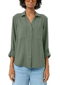 Langarmbluse QS, Damen, Gr. 32, olive, Web, Obermaterial: 100% Polyester, unifarben, tailliert h&uuml;ftbedeckend, V-Ausschnitt, mit Knopf krempelbar,mit Kn&ouml;pfen, Blusen Langarmbluse, mit Knopfleiste und Brusttaschen
