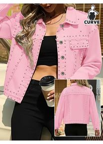 plus Size Women's Loose Rockabilly Denim Jacket with Studs Washed out Style Women's Oversized Jeans Jacket
