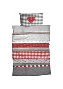 CASATEX, Bettw&auml;sche &raquo;Herz-Karo&laquo; 2 Stk. niedlichem Herz-Karo Design, grau/rot, Biber, Obermaterial: 100% Baumwolle, B/L: 135 cm x 200 cm - 1 Stk.