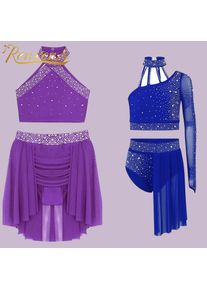 Kids Girls Sheer Mesh Crop Top + Skirt Sets Ballet Dance Costume Gymnastics Outfit Teens Contemporary Modern Lyrical Dance Wear