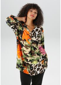 Schluppenbluse ANISTON PLUS, Damen, Gr. 52, beige, schwarz, orange, pink, oliv, Web, Obermaterial: 100% Viskose, figurumspielend Po-bedeckend, V-Ausschnitt, mit Gummizug, Blusen Schluppenbluse, mit extravaganten farbenfrohes Animaldessin
