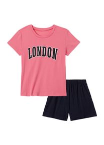 Pyjama Petite Fleur, M&auml;dchen, Gr. 146/152, bunt (rose, navy), Jersey, Obermaterial: 100% Baumwolle, unifarben, Basic, bequem kurz, Rundhals, abgesteppte Kante, Homewear-Sets Pyjama, Schlafanzug mit gro&szlig;em Frontdruck, Topseller