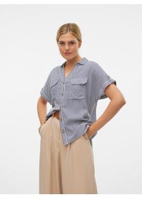 V&eacute;ro Moda Kurzarmbluse VERO MODA "VMBUMPY S/S SHIRT WVN GA NOOS", Damen, Gr. L, wei&szlig; (india ink stripes:snow wei&szlig;), Web, Obermaterial: 100% Viskose, gestreift, regular fit normal, V-Ausschnitt, mit Aufschlag, Blusen Kurzarmbluse, Viskose, regular fit