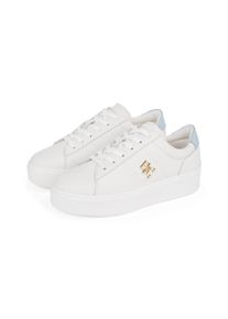 Plateausneaker Tommy Hilfiger "PLATFORM COURT SNEAKER", Damen, Gr. 37, blau (wei&szlig;, hellblau), Leder, Schuhe Plateausneaker, Freizeitschuh, Halbschuh, Schn&uuml;rschuh mit TH-Schmuckelement