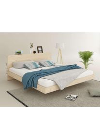 Massivholzbett OTTO HOME "Amaliah Schwebebett, versteckte Regale hinter dem Kopfteil", beige (naturbelassen), B:186,8cm H:82cm, Betten, Massivholzbett, schwebender Effekt, mit Lattenrost, modernes Design, stabile Qualit&auml;t