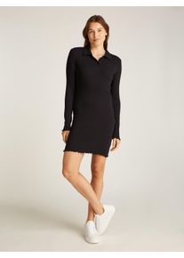 Polokleid Tommy Jeans "TJW LS SCALLOP RIB POLO DRESS", Damen, Gr. M (38), N-Gr, schwarz, Rippware, Obermaterial: 95% Baumwolle, 5% Elasthan, unifarben, figurbetont mini, Rollkante, Kleider Polokleid, in Mini-L&auml;nge