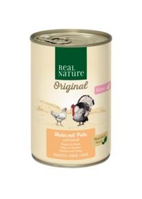 REAL NATURE Original nourriture humide pour chat, chaton poulet &agrave; la dinde et &agrave; l&rsquo;huile de saumon 6x400 g