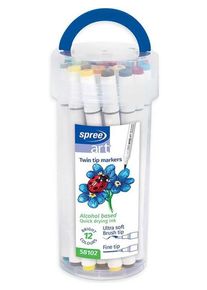SPREE TWIN MARKER 12 colors. Brush/fine tip