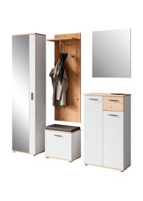 ByLiving, Garderoben-Set &raquo;Jakob&laquo; 5 Stk. tlg., Wei&szlig; / Artisan Eiche, Wei&szlig; / Artisan Eiche, Spiegel, Schuhkommode, Wandpaneel, Sitzbank, 