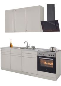 Wiho-K&uuml;chen K&uuml;chenzeile WIHO K&Uuml;CHEN "Chicago, TOPSELLER", wei&szlig; (k&uuml;che: natur, korpus: cashmerefarben, arbeitsplatte: canvas grau), B:220cm T:60cm, Komplettk&uuml;chen-Sets, K&uuml;chenzeile, mit E-Ger&auml;ten, Breite 220 cm