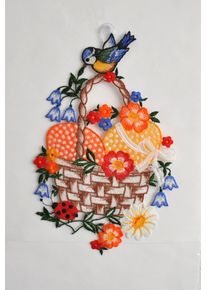Fensterdekoration Stickereien Plauen "Fensterbild Osterkorb", bunt, B:20cm H:32cm T:0,5cm, Polyester, Fensterbilder, Fensterdekoration, Plauener Spitze