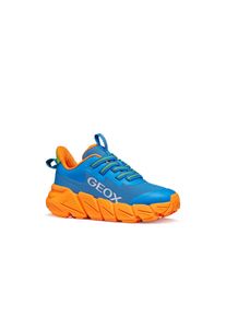 Sneaker Geox "J FLEXYPER FAST BOY", Jungen, Gr. 36, hellblau, orange, Lederimitat, Textil, Mesh, kontrastfarbene Details, Schuhe Sneaker, Slipper mit auff&auml;lliger Laufsohle, Gr&ouml;&szlig;enschablone zum Download
