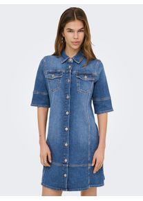 Jeanskleid Only "ONLKATERINA 2/4 SHORT DNM DRESS AKM", Damen, Gr. XS, N-Gr, Kurzarm, Denim/Jeans, blau (medium blau denim), Denim/Jeans, Obermaterial: 98% Baumwolle, 2% Elasthan, unifarben, kurz, Kleider Jeanskleid, in A-Linien Form
