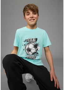 T-Shirt Kidsworld "Shirt mit Fu&szlig;ballmotiv: GOAL TIME", Jungen, Gr. 164/170, t&uuml;rkis meliert, Single Jersey, Obermaterial: 50% Baumwolle, 50% Polyester, bedruckt, Basic, Rundhals, Shirts T-Shirt, f&uuml;r Jungen, Kurzarm, Rundhalsausschnitt