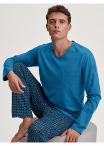 Schlafanzug Calida "Relax Imprint 2", Damen, Gr. L (52/54), nordic, Single Jersey, Obermaterial: 100% Baumwolle, bequem lang, V-Ausschnitt, Homewear-Sets Schlafanzug, atmungsaktiv, Cotton, leicht, weicher Single-Jersey