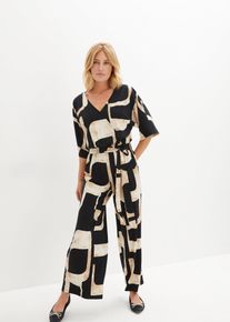 bonprix Jersey-Jumpsuit, schwarz, Gr.52/54 (XXL), graphisch bedruckter Jersey-Jumpsuit mit Knopfverschluss hinten am Ausschnitt
