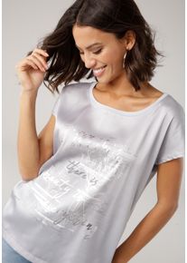Shirtbluse Laura Scott, Damen, Gr. 38, grau (grau, silberfarben), Web, Obermaterial: 100% Polyester. R&uuml;ckenteil: 95% Viskose, 5% Elasthan, bedruckt, metallic, unifarben, figurumspielend h&uuml;ftlang, Rundhals, Blusen Shirtbluse, aus Satin mit dezentem Aufdruck