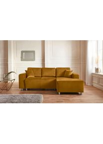 Ecksofa Home Affaire "Gy&ouml;r", gold (goldfarben), B:235cm H:88cm T:160cm, Microfaser (100% Polyester);Luxus-Microfaser Lederoptik (100% Polyester);Struktur (100% Polyester);Samtoptik (100% Polyester);Struktur weich (100% Polyester), Sofas, Ecksofa, L-Form, wahlweise mit Bettfunktion und Bettkasten incl. 2 Zierkissen