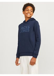 Jack & Jones Kapuzensweatshirt JACK & JONES JUNIOR "JJECORP mit Druck, K&auml;ngurutasche, pflegeleicht", Jungen, Gr. 164, blau (navy blazer), angeraute Sweatware, Obermaterial: 70% Baumwolle, 30% Polyester, bedruckt, regular fit normal, Rundhals, Rippb&uuml;ndchen, Sweatshirts Kapuzensweatshirt, Baumwollmischung, regular fit