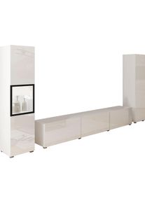 Wohnwand Home Affaire "BERLIN III, Vitrine T&uuml;rschlag links/rechts wechselbar", wei&szlig; (wei&szlig; matt, wei&szlig; hochglanz), B:260cm H:130cm T:33cm, ABS-Kunststoff, Glas, Hartfaserplatte, Kastenm&ouml;bel-Sets, Wohnwand, moderne grifflose Mediawand Breite 260 cm, Vitrine mit Verglasung