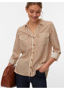 V&eacute;ro Moda Hemdbluse VERO MODA "VMBUMPY L/S SHIRT NEW WVN GA NOOS", Damen, Gr. XL, beige (birch stripes:eva tigers eye), Web, Obermaterial: 100% Viskose, gestreift, regular fit Po-bedeckend, V-Ausschnitt, mit Riegel Manschette, Blusen Hemdbluse, Viskose, regular fit