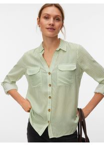 V&eacute;ro Moda Hemdbluse VERO MODA "VMBUMPY L/S SHIRT NEW WVN GA NOOS", Damen, Gr. M, mistletoe stripes:snow wei&szlig;, Web, Obermaterial: 100% Viskose, gestreift, regular fit Po-bedeckend, V-Ausschnitt, mit Riegel Manschette, Blusen Hemdbluse, Viskose, regular fit
