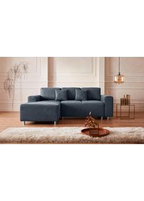Ecksofa Home Affaire "Gy&ouml;r", blau (dunkelblau), B:235cm H:88cm T:160cm, Microfaser (100% Polyester);Luxus-Microfaser Lederoptik (100% Polyester);Struktur (100% Polyester);Samtoptik (100% Polyester);Struktur weich (100% Polyester), Sofas, Ecksofa, L-Form, wahlweise mit Bettfunktion und Bettkasten incl. 2 Zierkissen
