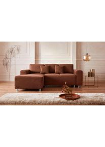 Ecksofa Home Affaire "Gy&ouml;r", braun (cognac), B:235cm H:88cm T:160cm, Microfaser (100% Polyester);Luxus-Microfaser Lederoptik (100% Polyester);Struktur (100% Polyester);Samtoptik (100% Polyester);Struktur weich (100% Polyester), Sofas, Ecksofa, L-Form, wahlweise mit Bettfunktion und Bettkasten incl. 2 Zierkissen