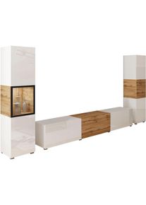 Wohnwand Home Affaire "BERLIN III, Vitrine T&uuml;rschlag links/rechts wechselbar", wei&szlig; (wei&szlig; matt, eichefarbe votan, wei&szlig; hgl, eichefarbe votan), B:260cm H:130cm T:33cm, ABS-Kunststoff, Glas, Hartfaserplatte, Kastenm&ouml;bel-Sets, Wohnwand, moderne grifflose Mediawand Breite 260 cm, Vitrine mit Verglasung