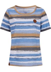 Dames Gestreept shirt met details van imitatieleer middelblauw/camel bedrukt Maat 38