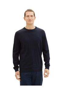 Rundhalspullover Tom Tailor, Herren, Gr. XL, blau (navy melange), Strick, Obermaterial: 100% Baumwolle, regular fit h&uuml;ftbedeckend, Rundhals, B&uuml;ndchen, Pullover Rundhalspullover, mit Logostickerei