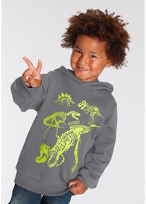 Kapuzensweatshirt Kidsworld "DINO", Jungen, Gr. 128/134, grau (anthrazit), angeraute Sweatware, Obermaterial: 100% Baumwolle. Kapuzenfutter: 100% Baumwolle, bedruckt, Basic h&uuml;ftlang, angesetztes B&uuml;ndchen, Sweatshirts Kapuzensweatshirt, Langarm, Basic-Passform, mit stylischem Druck, aus Baumwolle