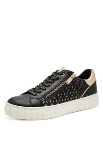 Plateausneaker Marco Tozzi, Damen, Gr. 38, Textil, schwarz (schwarz, goldfarben), Lederimitat, kontrastfarbene Details, Schuhe Plateausneaker, Freizeitschuh, Halbschuh, Schn&uuml;rschuh mit unterlegtem Lochmuster
