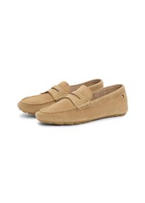 Slipper Tommy Hilfiger "FLAG SOFT SUEDE DRIVER LOAFER", Damen, Gr. 36, beige, Veloursleder, unifarben, Schuhe Slipper, Schlupfschuh, Bequemschuh, Mokassin, Flats mit modischen Zierriegel