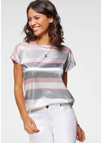 Shirtbluse Laura Scott, Damen, Gr. 48, grau (rose, anthrazit, gestreift), Satin, Obermaterial: 100% Polyester. R&uuml;ckenteil: 95% Viskose, 5% Elasthan, gestreift, gl&auml;nzend, mehrfarbig, figurumspielend h&uuml;ftbedeckend, Rundhals, angeschnitten, Blusen Shirtbluse, in modischem Streifen-Design