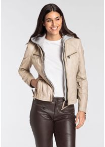 Lederjacke Mauritius "NOLA", Damen, Gr. XL/42, beige (light beige), Obermaterial: 100% Schafsleder. Futter: 100% Baumwolle. Kapuze: 52% Baumwolle, 48% Polyester. &Auml;rmelfutter: 100% Polyester, unifarben, sehr figurbetont kurz, Rundhals, 2-Naht-&Auml;rmel mit Rei&szlig;verschluss, Jacken Lederjacke, Two-in-One Style - mit abnehmbarer Jersey-Kapuze