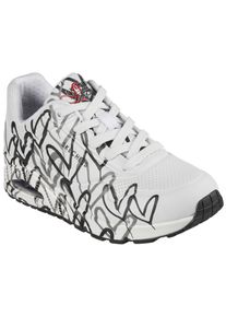 Wedgesneaker Skechers "UNO-SPREAD THE LOVE", Damen, Gr. 39, wei&szlig;, schwarz 2, Lederimitat, kontrastfarbene Details, Schuhe Wedgesneaker, Freizeitschuh, Halbschuh, Schn&uuml;rschuh mit coolem Graffiti-Print