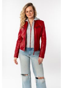 Lederjacke Mauritius "NOLA", Damen, Gr. L/40, rot, Obermaterial: 100% Schafsleder. Futter: 100% Baumwolle. Kapuze: 52% Polyester, 48% Baumwolle. &Auml;rmelfutter: 100% Polyester, kontrastfarbene Details, sehr figurbetont kurz, Rundhals, 2-Naht-&Auml;rmel mit Rei&szlig;verschluss, Jacken Lederjacke, Two-in-One Style - mit abnehmbarer Jersey-Kapuze