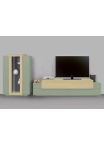 Wohnwand Home Affaire "Coro, Anbauwand, Medienwand", eiche chopin, salbei, B:280cm, Glas, Holzwerkstoff, Kastenm&ouml;bel-Sets, Wohnwand, Lowboard 4 F&auml;chern Breite 200 cm und Vitrine 3 T&uuml;ren Breite 80 cm